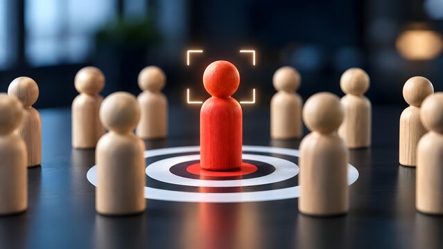 Targeted recruitment and headhunting concept showing a red wooden figure on a bullseye with a digital focus bracket over its head.