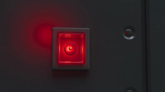 Red emergency alarm button glowing on dark industrial control panel in close view