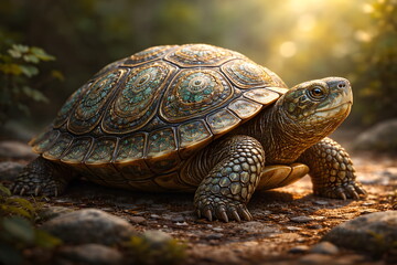 Obraz premium Detailed portrait of a tortoise resting on the ground in warm natural light.