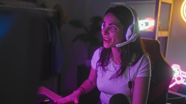 Woman wearing headset gestures with hand at computer in a studio, expressive face during gaming session; focused concentration.