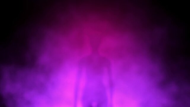 Horned demon silhouette softens into purple haze against a dark glowing background