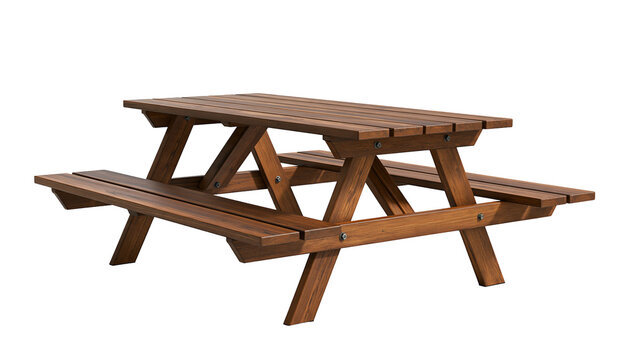 Isolated sturdy wooden picnic table with attached benches, perfect outdoor garden furniture