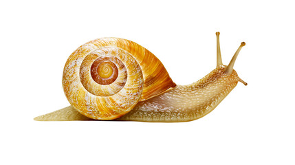 Isolated common garden snail slowly moving, showing its distinctive gold spiral shell pattern © Conor