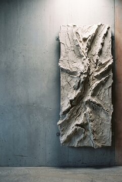 Contemporary abstract textured plaster relief sculpture mounted on an industrial concrete wall in a modern architectural interior