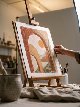 Artist placing a pastel abstract landscape painting on a wooden easel in a creative studio workshop