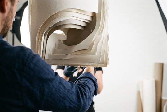 Male artist holding and inspecting an intricate layered paper sculpture with deckle edges in a bright studio