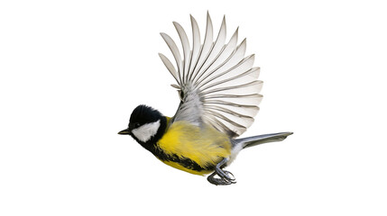 Isolated great tit bird mid-flight, showcasing vibrant yellow, black, white feathers © Conor