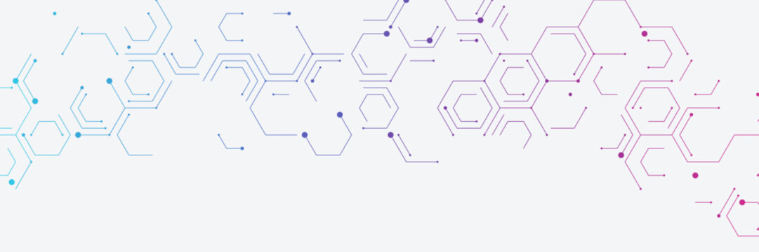 Hexagonal network pattern with blue to purple gradient lines, connected dots and geometric shapes on a white background