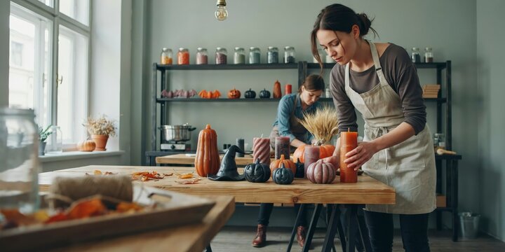 Women crafting handmade autumn and halloween candles and decorations in a creative studio, halloween theme, halloween celebration