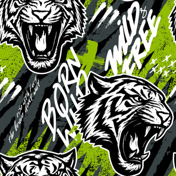 Seamless pattern with tiger and grunge elements. Bright Abstract print on black background for fabric, textile, wallpaper, apparel, t-shirt. Vector illustration