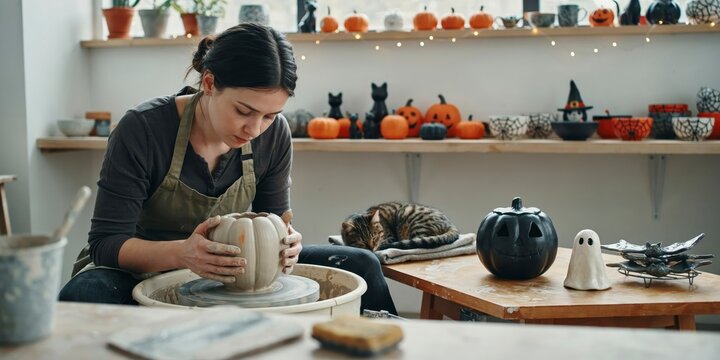 Potter crafting a ceramic pumpkin in a cozy studio with halloween decorations, halloween theme, halloween celebration