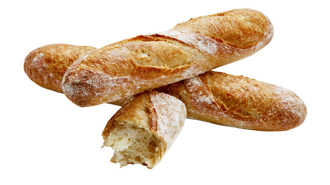 Isolated fresh baked french baguettes, crusty bread with flour, tasty bakery product