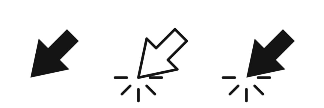 Set of black and white computer mouse cursor arrow icons, including solid and outline styles with clicking animation effects on a white background