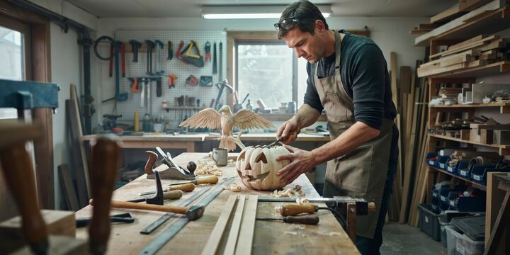 Man carving a wooden pumpkin in a workshop, halloween theme, halloween celebration