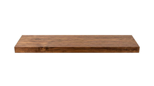 Polished dark walnut wood floating shelf displaying natural grain patterns and smooth surface on transparent background