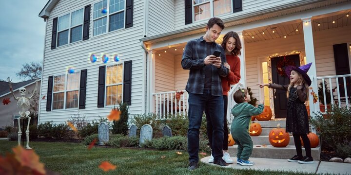 Family enjoying halloween decorations and trickortreating on their porch, halloween theme, halloween celebration