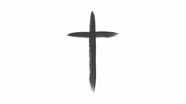 Simple black ink cross with hand drawn brush texture on a white background, for religious and, spiritual work