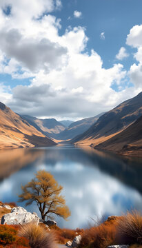 Dramatic mountain lake - Wasdale, Lake District, Cumbria, UK, flat design. White tone
