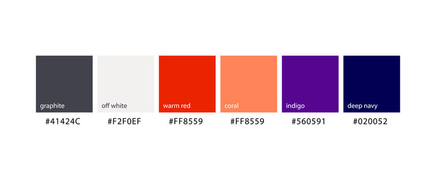Modern minimalist color palette guide vector illustration featuring swatches and hex codes for graphite, off white, warm red, coral, indigo, and deep navy against a clean white background.