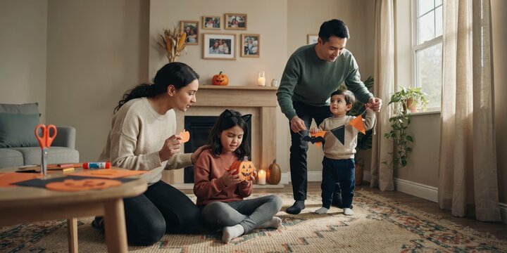 Happy family crafting halloween decorations together in their cozy living room, halloween theme, halloween celebration