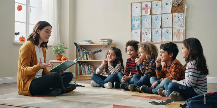 Teacher reading a halloween storybook to a group of diverse children in a classroom, halloween theme, halloween celebration