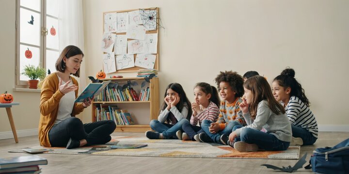Teacher reading a book to a group of diverse children in a classroom, halloween theme, halloween celebration