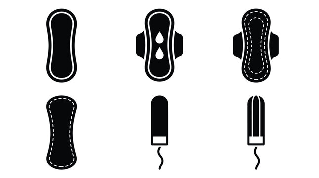 Set of black feminine hygiene icons including sanitary pads and tampons on white background
