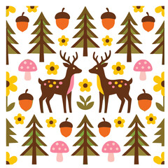 Fototapeta premium Deer and forest elements pattern