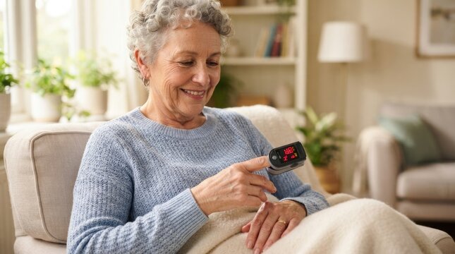 Smiling Senior Woman Checking Blood Oxygen Level with Fingertip Pulse Oximeter at Home