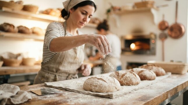 Artisan Baker Dusting Fresh Rustic Bread Loaves with Flour in Traditional Bakery