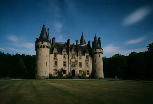 Heritage tourism and historical travel, medieval castle architecture at night with starry sky and landscape garden in the countryside of Europe