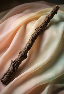 Magic and fantasy concept, rustic wooden wand resting on soft pastel silk fabric for mystical storytelling and creative imagination in artistic photography