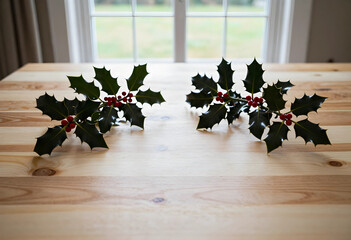 Obraz premium Christmas holiday decoration, holly branches with red berries on a natural wooden table for festive seasonal home interior and winter celebration