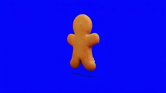 Animated gingerbread man cookie with white icing and a red bow tie. Suitable for holiday, greeting, celebration, banner, promotion, project.