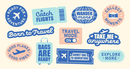 Fototapeta premium Vintage travel stickers collection with inspirational quotes and text in retro pastel colors. Vector illustration