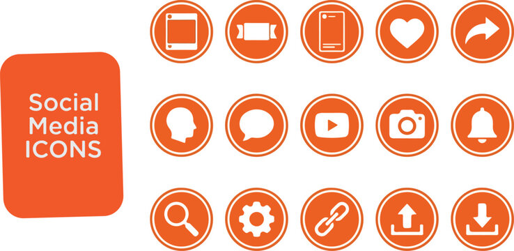 Orange circular social media icons set for mobile app and web design