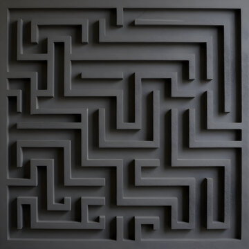 Problem solving and strategy, complex maze puzzle with dark walls for business challenge, decision making and logic in a top down view