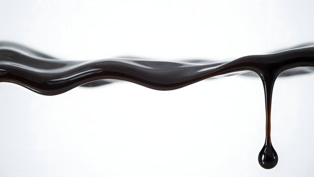 A flowing, horizontal wave of thick black liquid, creating a smooth, glossy surface with a single droplet hanging from the bottom edge