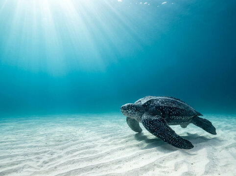 Leatherback sea turtle gliding over sandy bottom with sun rays