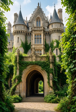Heritage tourism and luxury travel, historic gothic castle with ivy covered stone walls and arched entrance in a lush green garden landscape at summer
