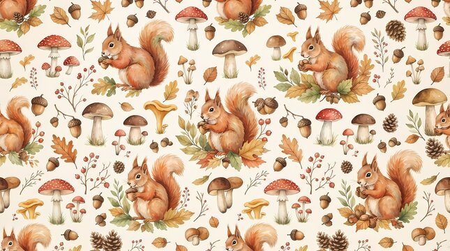 Watercolor seamless pattern with squirrels mushrooms and autumn leaves