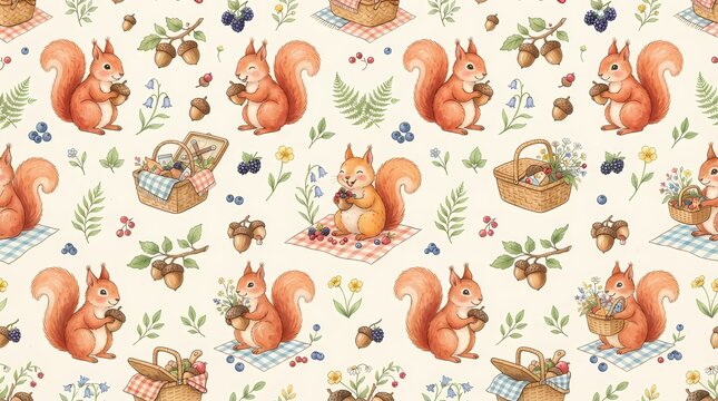 Seamless pattern with cute watercolor squirrels and picnic baskets