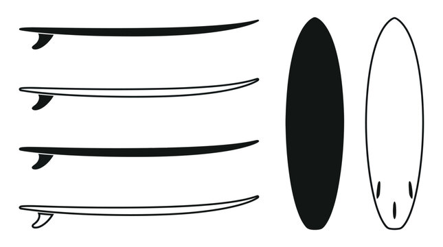 Set of surfboard icons in side and top views isolated on white background