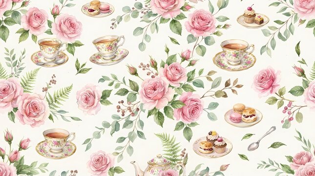 Watercolor seamless pattern with pink roses tea cups and pastries