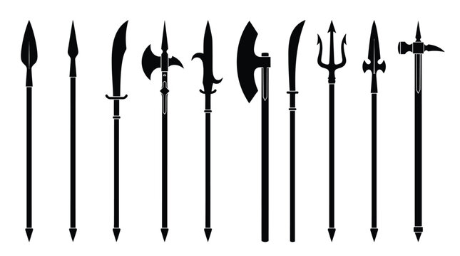 Set of medieval polearm weapon silhouettes isolated on white background