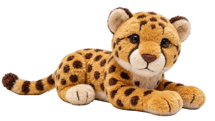 Soft plush cheetah toy with brown spots, isolated on transparent background © GODSTOX