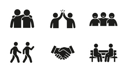 Friendship icon set with black silhouettes representing friendship, togetherness, social connection, support, trust, and human relationships.
