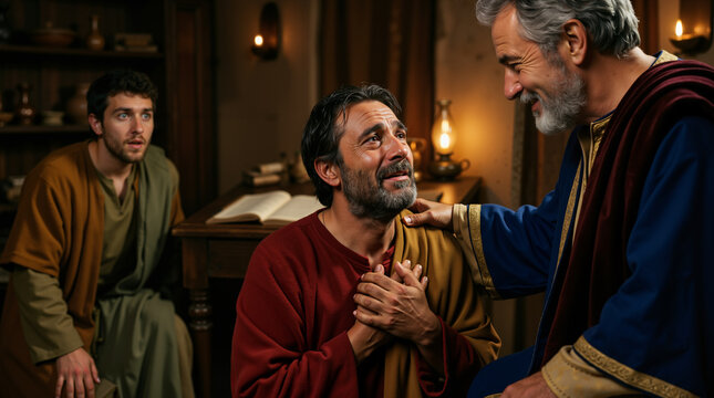 Biblical parable of the two debtors. Forgiven debtor weeping with gratitude before compassionate creditor. Concept of mercy, debt cancellation, and forgiveness