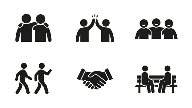 Friendship icon set with black silhouettes representing friendship, togetherness, social connection, support, trust, and human relationships.