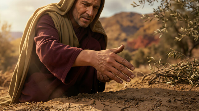 Biblical sower scattering seeds by hand on dry ground. Parable of the sower in christian scripture concept. Ancient man planting seeds in arid soil